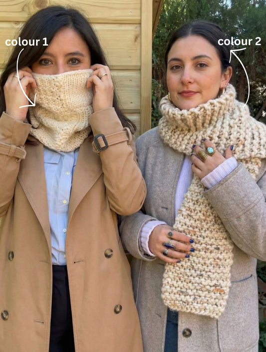 2 Kits Bundle | Knitting Stitch Sampler Kit "Make your first Snood" + Dinka Scarf