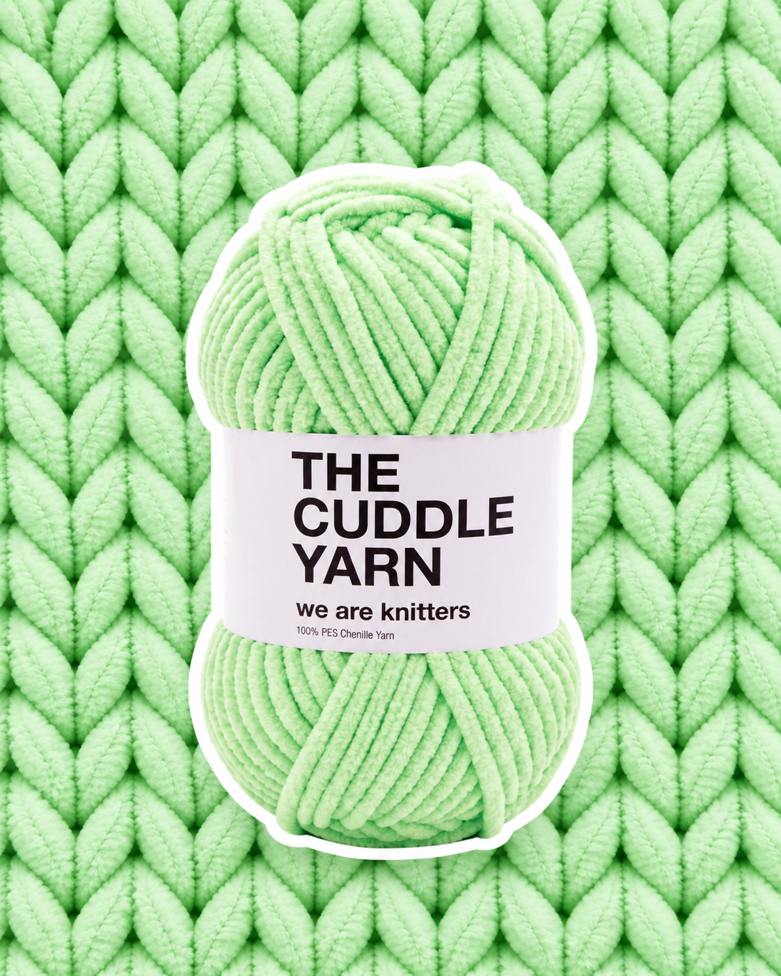The Cuddle Yarn Green chenille skein on a matching knit swatch
