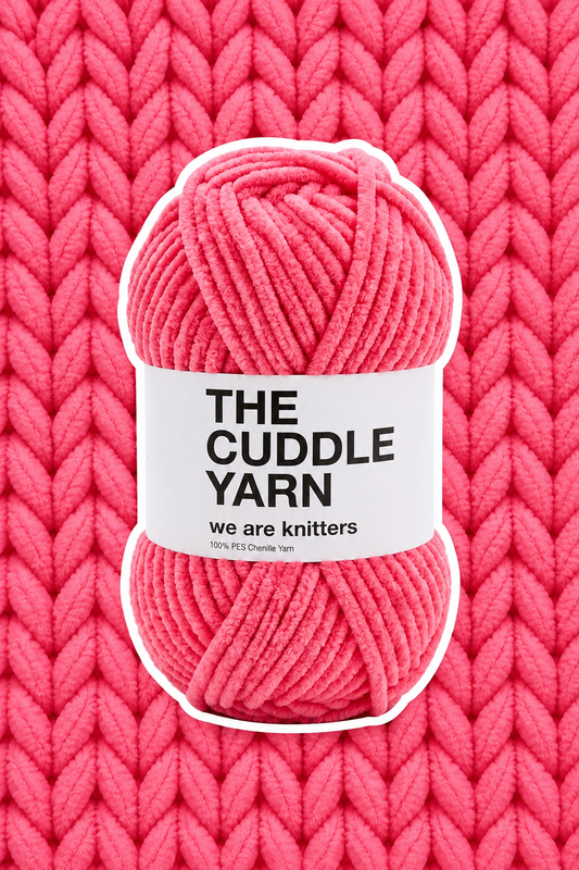 The Cuddle Yarn Pink chenille skein on a matching knit swatch