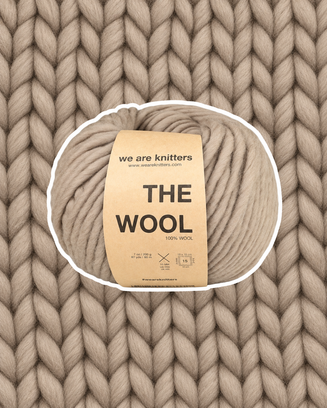 The Wool Taupe yarn ball on a matching knit swatch